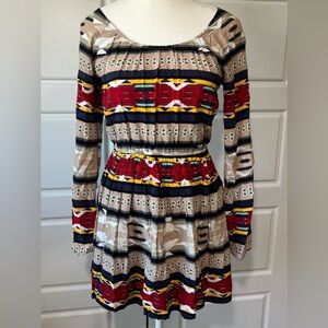 GB Geometric Print Long Sleeve Scoop Neck Empire Waist Mini Dress Women's Size S